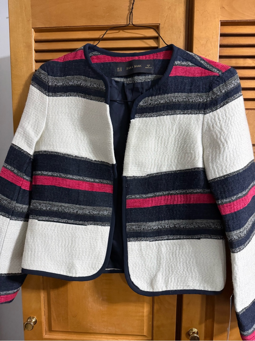 Zara Striped Collarless Jacket in Navy, White & Pink